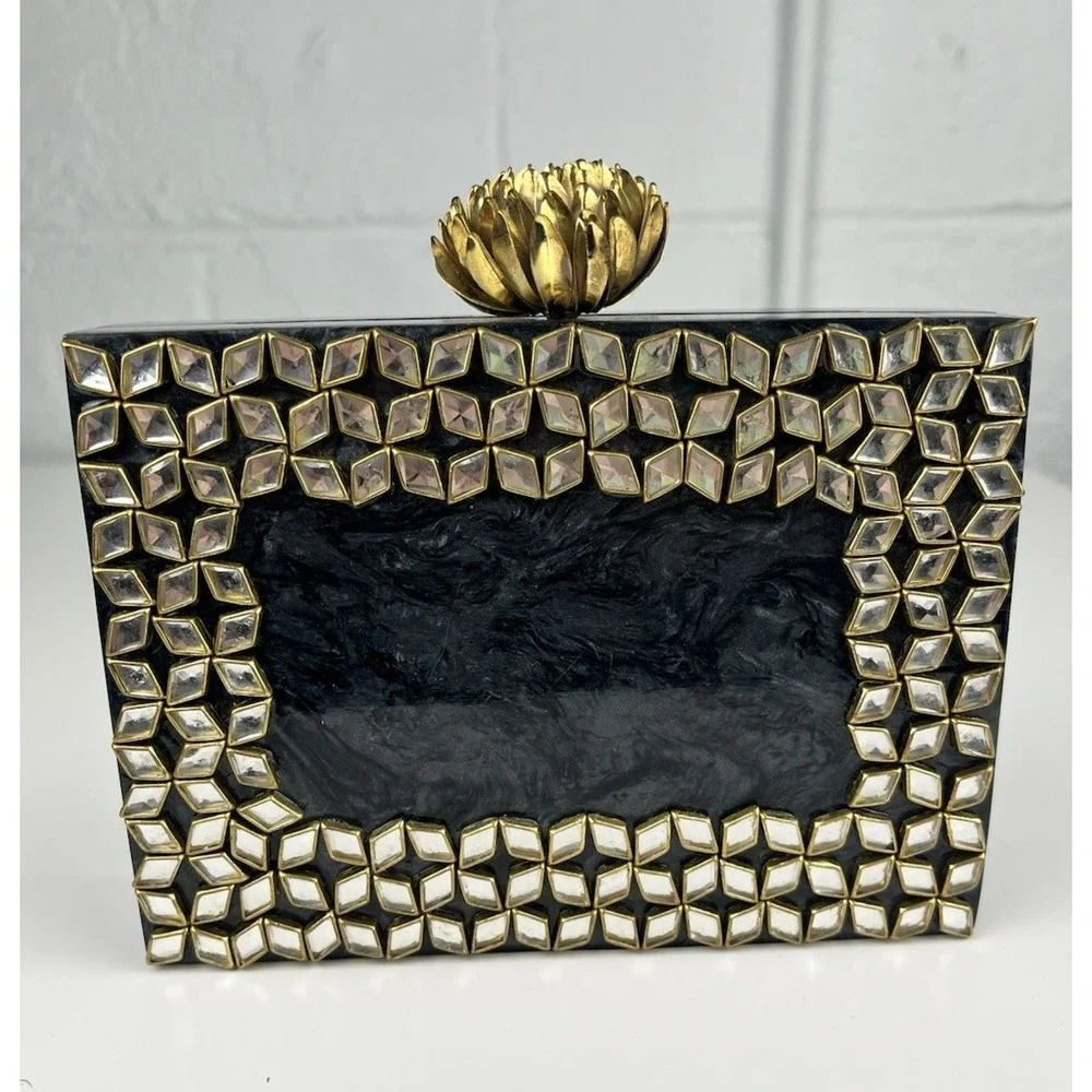 Kundan Mirror Rhinestone Clutch Resin Black Marble Gold Tone Chain Boho Flower
